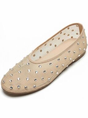 Crystal-Embellished Nude Mesh Ballet Flat